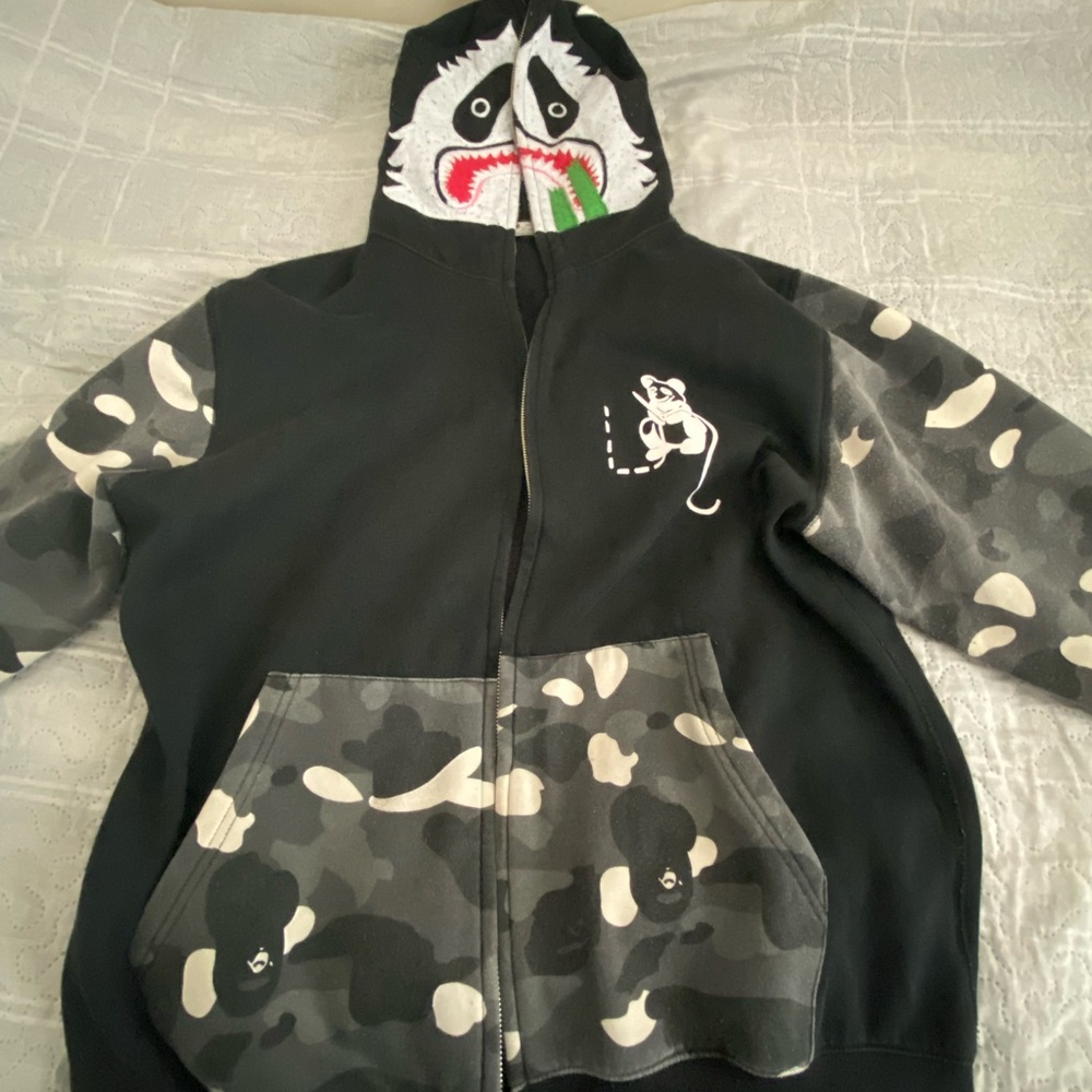 Bape Black and Gray Camouflage Shark Hoodie
